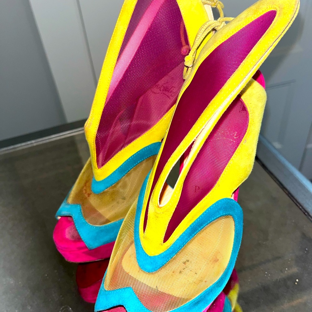 Christian Louboutin multi colored high heel peep toe show stoppers